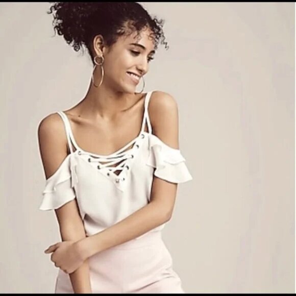 Express Tops - Express off the shoulder lace up ruffle top